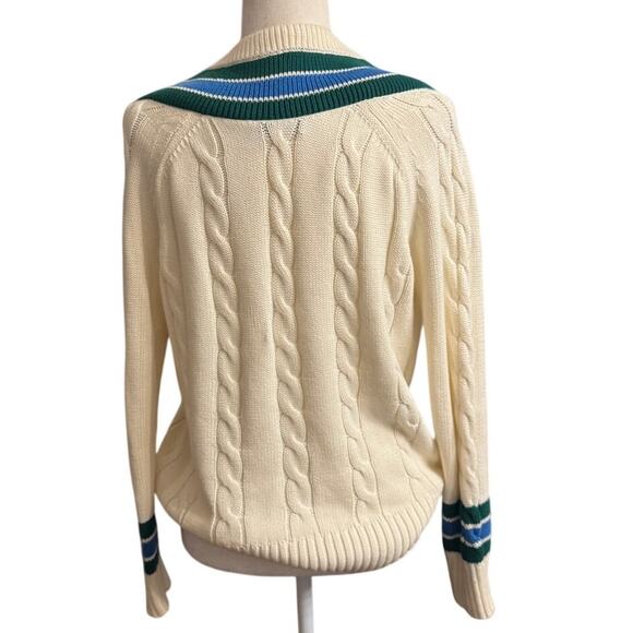Vineyard Vines Cable V-Neck Varsity Sweater 100% Cotton Blue+Green Stripes (XS) - Picture 4 of 7